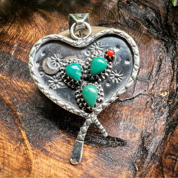 Hand Crafted Jewelry - 925 Sterling Silver Heart Snake Cactus Pendant Southwest Desert Boho
